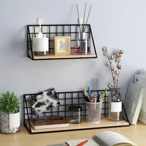Väggmonterad förvaringshylla utan borrning i trä och metall 10 Väggmonterad förvaringshylla utan borrning i trä och metall