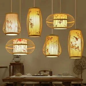 Bambu taklampa i kinesisk stil, handflätad pendellampa E27