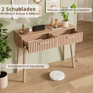 Modernt konsolbord i trä med två lådor och förvaring