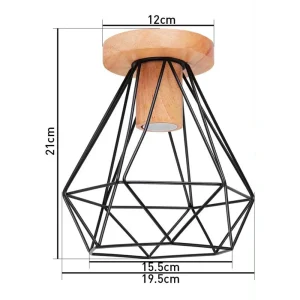 Modern taklampa i trä och metall med E27-sockel, svart cage-design
