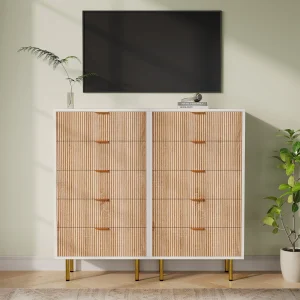 Modern minimalistisk byrå i trä med 5 lådor och gulddetaljer