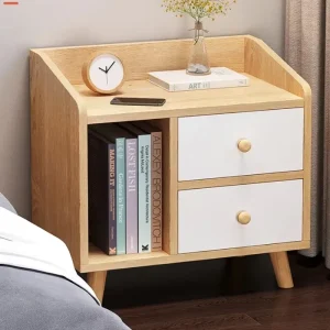 Modern minimalistisk sängbord i trä med 4 lådor och montering