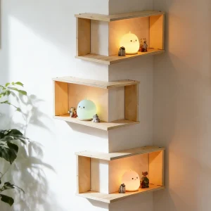 Vägghängd hörnhylla i trä med svävande design för vardagsrum och sovrum 10 Vägghängd hörnhylla i trä med svävande design för vardagsrum och sovrum