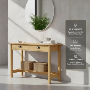 Konsolbord i massiv furu med 2 lådor 110x45x74 cm