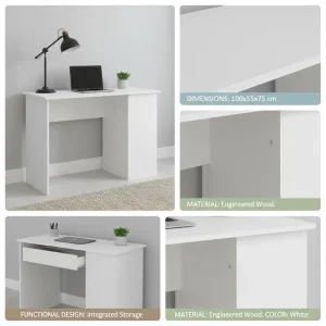 Vitt skrivbord 100x55x75 cm med 2 förvaringsfack