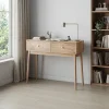 Konsolbord i mid-century modern-stil med lådor och öppna hyllor