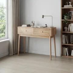 Konsolbord i mid-century modern-stil med lådor och öppna hyllor