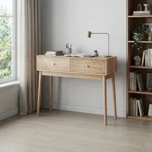 Konsolbord i mid-century modern-stil med lådor och öppna hyllor