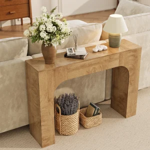 Slim modern farmhouse konsolbord i trälook för hall och soffan