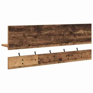 Väggmonterad hatthylla i trä med krokar och hyllor, minimalistisk