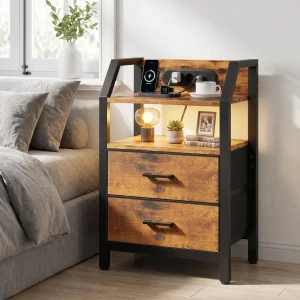 Nattduksbord med laddstation, USB-portar och fabric drawers