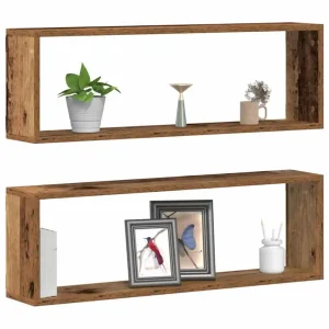 Vägghyllor med rack i vintage trä, 2 st, 80x15x26 cm
