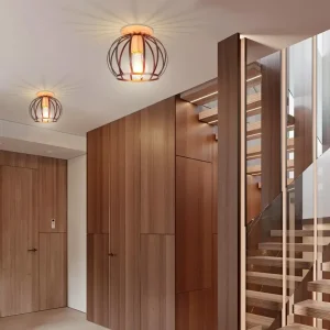 Modern taklampa i trä och metall med E27-sockel, svart cage-design