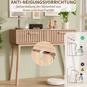 Konsolbord i naturligt trä, 100×35×80 cm, med 2 förvaringslådor