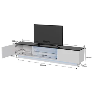 Modernt TV-bänk i trä med LED-belysning, 2 dörrar och 2 hyllor