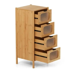 Bambu-liknande byrå med 4 lådor och räfflat glas, natur