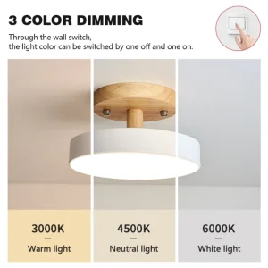 Nordisk taklampa i trä och metall, rund LED-plafond för hall och rum
