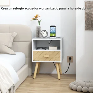 Sängbord med laddstation, 2 eluttag, USB-C och låda