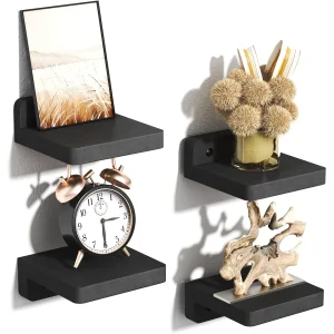 4-pack små flytande vägghyllor i trä, mini displayhyllor