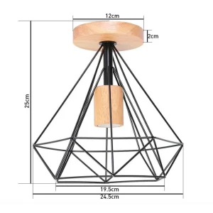 Modern taklampa i trä och metall med E27-sockel, svart cage-design