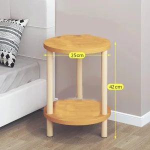 Modern rund sidobord i trä med dubbla hyllplan för sovrum och vardagsrum