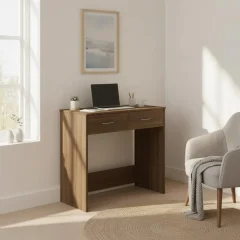 Modernt skrivbord i trä med praktiska lådor och platsbesparande design