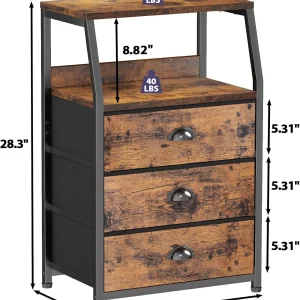 Minimalistiskt nattduksbord med 3 lådor, öppen hylla och metallram