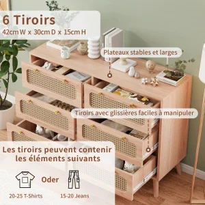 Modern byrå i trä med 5–6 lådor och rottingdetaljer