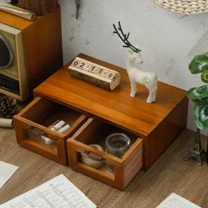 Retro förvaringslåda i trä med 2 lådor för skrivbord och hem
