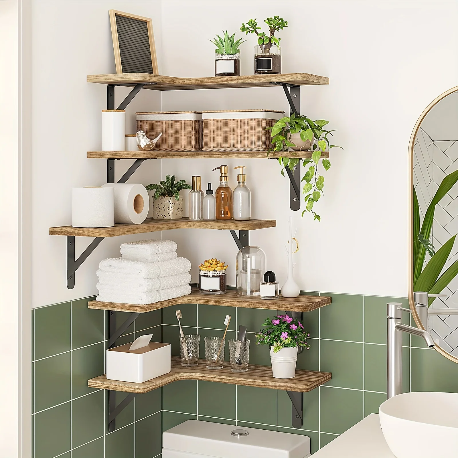 Vägghylla i trä med hörndesign och rustik stil för hemmet 3 Vägghylla i trä med hörndesign och rustik stil för hemmet - Bild 3