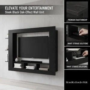 Vägghängt TV-bord i svart ek 152 x 22 x 113 cm, modern stil