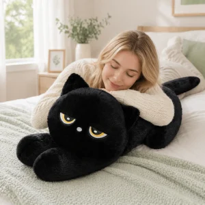 Black Cat plyschkudde 60 eller 90 cm – liggande svart kattdesign