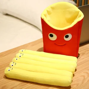 Flera figurvarianter av leende pommes frites som tröstande gosedjur och plyschkudde
