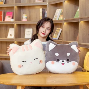 Katt och gris gosedjur som tecknad plyschkudde i kawaii-stil med djurhuvud, 40 cm