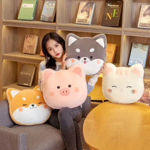 Katt och gris gosedjur som tecknad plyschkudde i kawaii-stil med djurhuvud, 40 cm