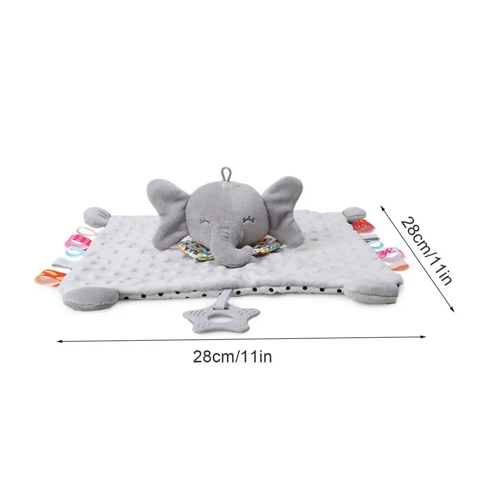 Kanin och elefant som nyckelring, söt animal design och Soothing comfort toy 27 Grå elefantfilt utlagd med måttangivelser på 28 × 28 cm.
