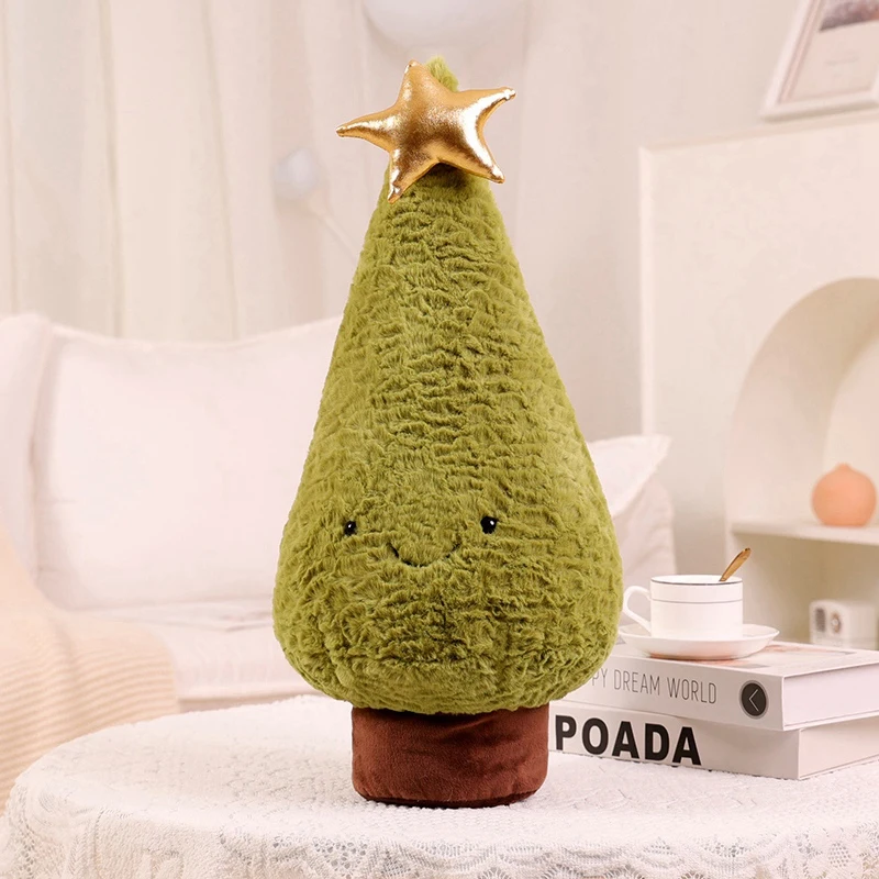 Hjort gosedjur, Christmas tree design och kawaii style, 30–50 cm 23 Visa den gröna julgransdockan framifrån med stjärnan och ansiktet tydligt synliga.