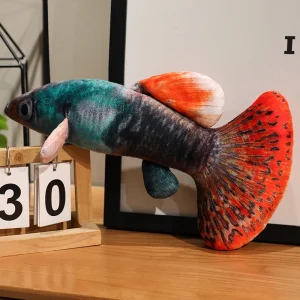 Guppy gosedjur som färgstark plyschkudde i fiskform, mjuk och dekorativ, 40–60 cm