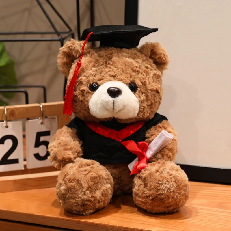 Björn gosedjur med doktorstema och examensmotiv i söt, rolig kawaii-stil, 16–25 cm 28 Brun nallebjörn i svart examensdräkt med rött band och diplom.