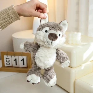 Wolf gosedjur i grått med gullig tecknad design, fluffig och mjuk känsla, 24 cm