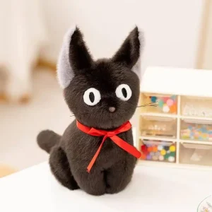 Svart katt gosedjur med kawaii-inspirerad häxdesign, handgjord animefigur för barn