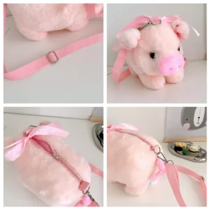 Rymlig axel- och crossbodyväska med ett grislet gosedjur, söt koreansk tecknad design