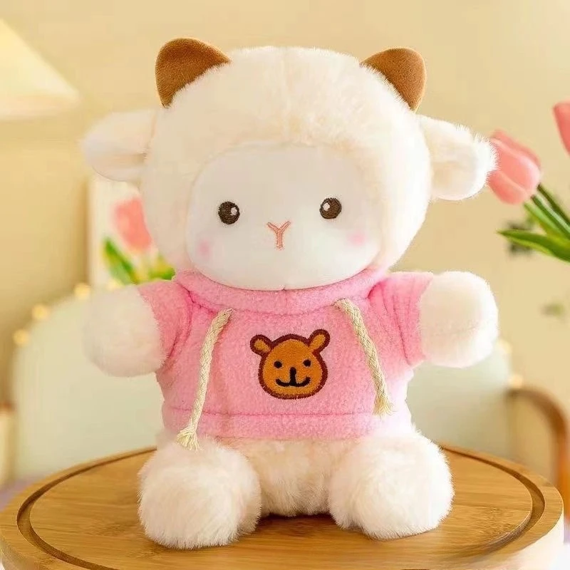 Kanin gosedjur som kramkudde med får, björn och alpacka i kawaii-stil med persikoblomma 36 Ljus fårformad plyschfigur med rosa kläder.