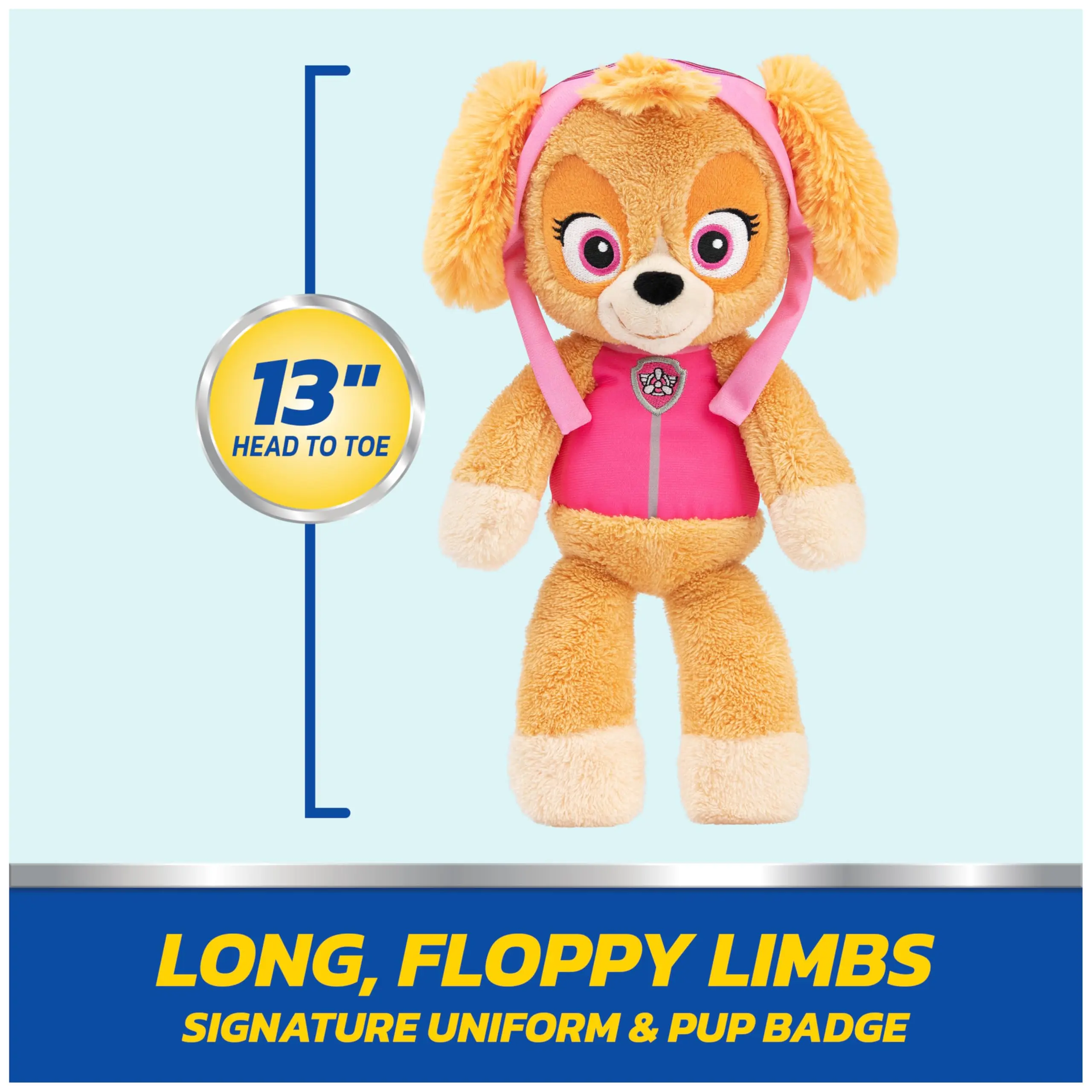 Gosedjur med Paw Patrol-karaktärer 19 Visa den orangea plyschfiguren med rosa kläder och måttmarkering.