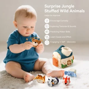 Alternative view of Sex djungeldjur som jungle animals gosedjur i sensoriskt aktivitetsset med hus, spegel och
