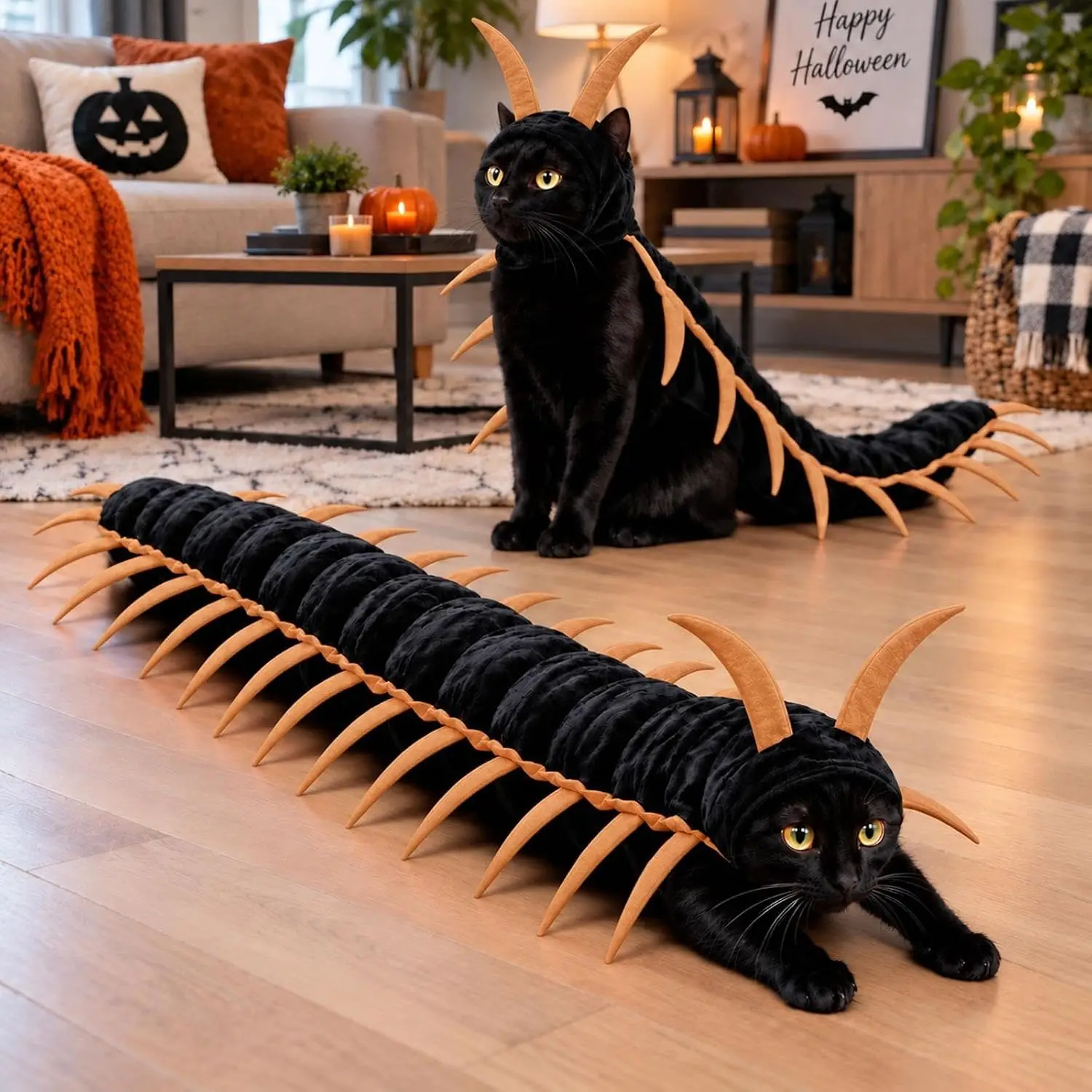 Katt som nyckelring, Simulated centipede design och Multi-leg design 21 Svart katt i tusenfotingdräkten, med dräkten utlagd framför i ett heminrett Halloweenrum.