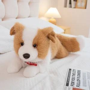 Border Collie-hund gosedjur, verklighetstroget och fluffigt liggande, 40–50 cm