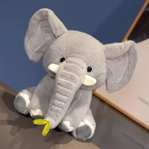 Sittande elefant gosedjur med lång snabel i tecknad stil, rosa eller grått, 25–40 cm
