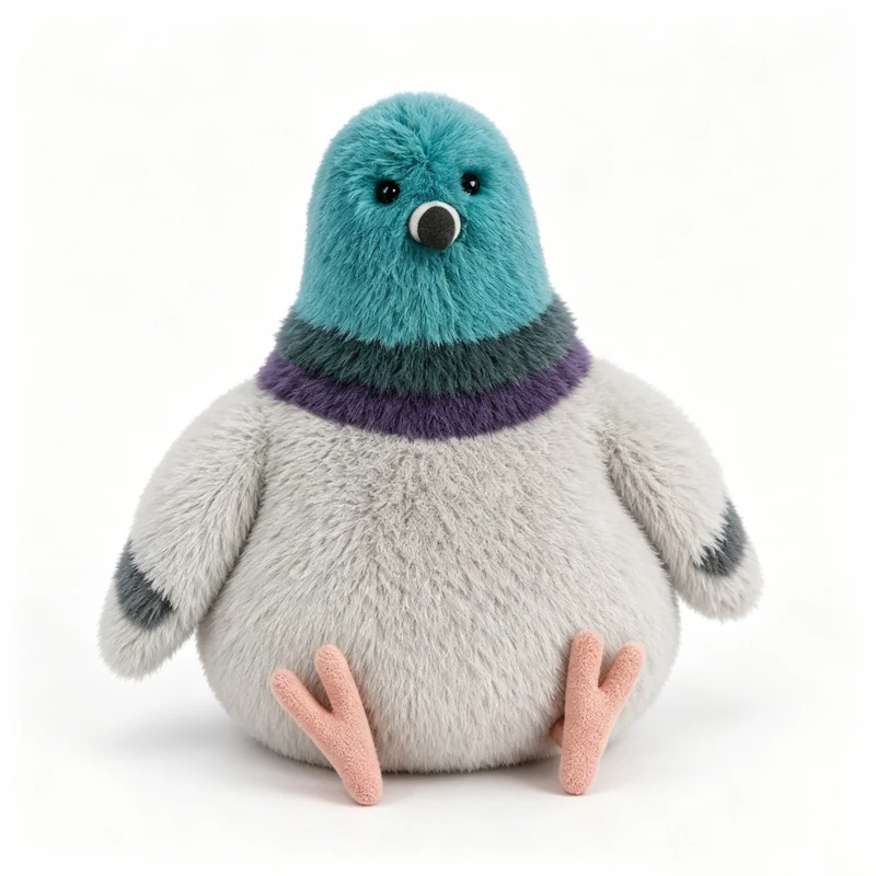 Pigeon gosedjur på med rund, knubbig form och mjuk, verklighetstrogen stil, 20 cm 21 Helbild av en vit duvformad plyschfigur med blått huvud och lila halsband.