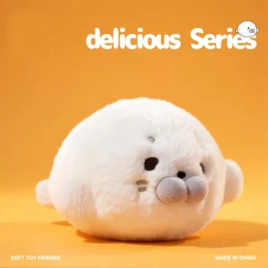 Vitt, sött säl gosedjur i kawaii-stil som förvandlas till laxsushi och tempuraräkor